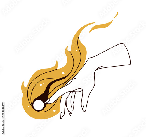 Hand with fire flame burning, fireball. Witch finger with black magic occult ...