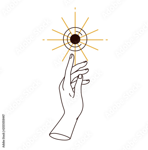 Hand touching mystical magic esoteric circle. Finger pointing at occult spiri...