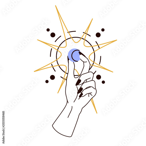 Magic hand holding cosmic celestial symbol, sacred ball. Crescent, moon betwe...