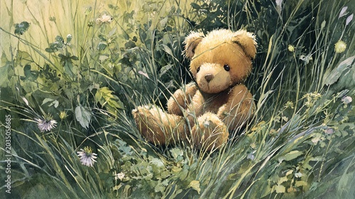 A cuddly teddy bear sitting peacefully in a vibrant grassy field.