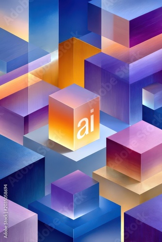 Glowing AI cube in abstract colorful geometric composition representing modern technology and innovation