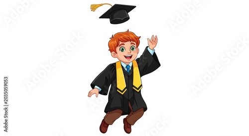 Canvastavla Happy red haired boy in graduation gown jumping, education concept, academic ach