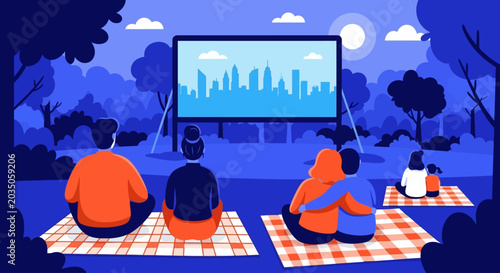Fotografía People watching movie on projector screen in park at night, outdoor cinema conce