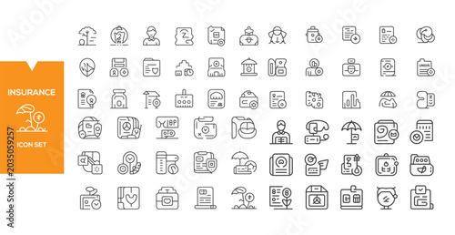 Fotografía Insurance Icon Set: A comprehensive collection of minimalist line icons representing various aspects of insurance, including protection, finance, security, and family well-being