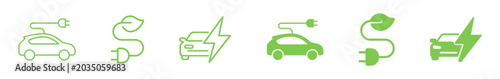 Electric vehicle charging icon set with battery, cable and eco transport symbols on transparent background