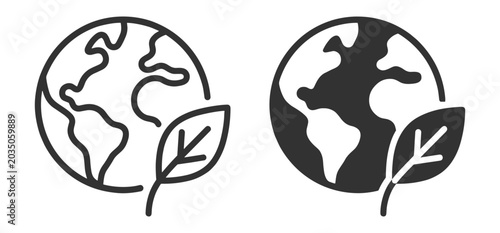 Earth ecology icon with globe, leaf and environmental sustainability symbol on transparent background