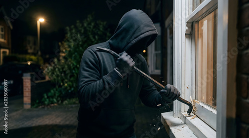 A masked burglar wearing a black hoodie and gloves uses a crowbar to break into a residential house window at night.