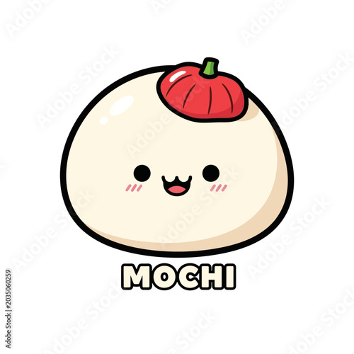 Cute cartoon mochi illustration with a happy face and a red berry topping, a delightful and sweet Japanese rice cake dessert graphic design