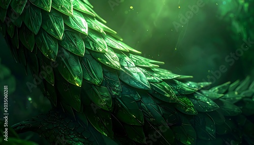 Lush Emerald Overlapping Scales Glowing in Misty Forest Light