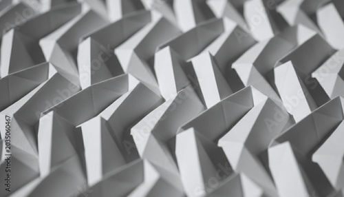 Miura fold origami tessellation texture with 3D geometric zigzag pattern on white paper