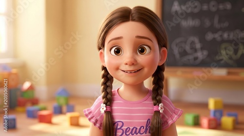 Animated girl with brown hair in pigtails wearing a pink shirt smiles in a colorful classroom filled with building blocks and a chalkboard in the background