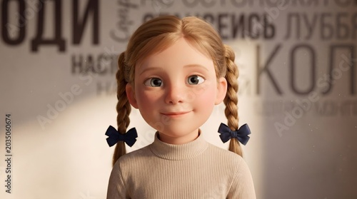 Animated girl with blonde braids wearing a beige sweater and blue bows smiles in front of a wall with text, showcasing a friendly and inviting expression