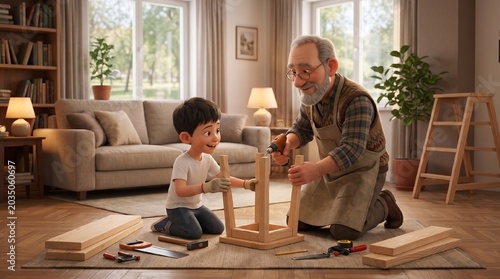 Cartoon illustration of a grandfather and grandson working together on a wooden project in a cozy living room with natural light and homey decor