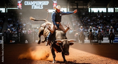Professional Cowboy Riding a Bucking Bull at a Championship Rodeo Event