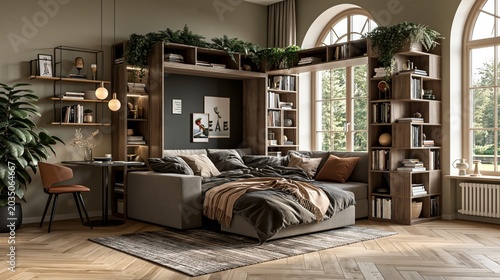 Modern studio apartment interior with integrated sofa bed and bookshelves