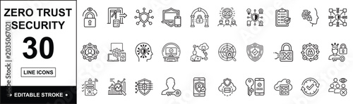Zero Trust Security Line Art Icons Set – Cybersecurity Authentication Vector Collection