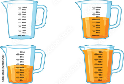 Фотография Plastic measuring cups set showing different volume levels of orange liquid isol