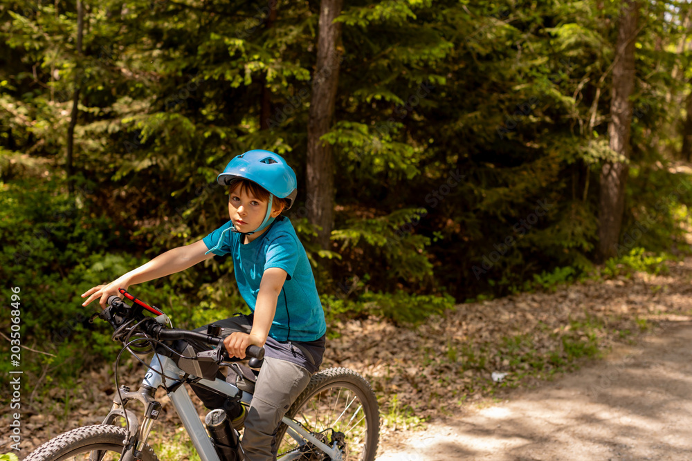 Fototapeta premium Happy children, boys, riding bikes together in a beautiful czech ruralside summer time