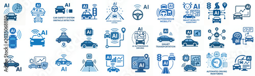 Flat vector icon AI Self driving car system blue color