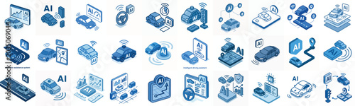 Εκτύπωση καμβά Isometric vector icon AI Self driving car system blue color
