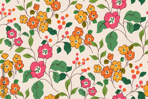 Seamless floral pattern, liberty ditsy print in a colorful summer motif. Cute botanical design of hand drawn wild meadow, small flowers, large green leaves, tiny branches, herbs. Vector illustration.