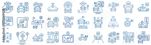 Line art vector icon AI Self driving car system blue color