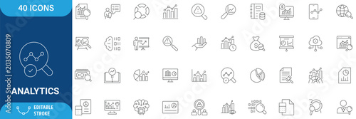 Analytics icon set. Containing data analytics, graph visualization, dashboard metrics, report, financial, seo analytics, and more. line Icon Collection. Vector illustration. Editable stroke