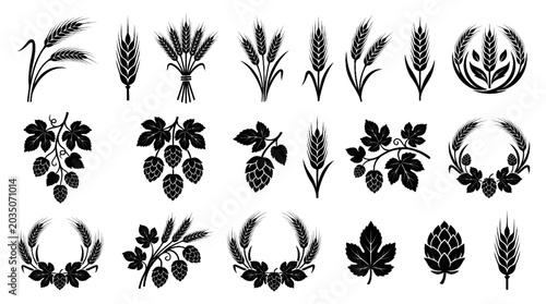 Tableau sur toile Silhouette vector illustrations of wheat and hops for agriculture brewing organi