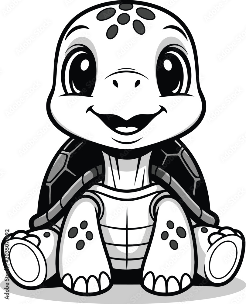 Fototapeta premium Cute cartoon turtle mascot illustration black and white vector graphic