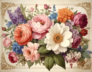 Vibrant flowers in ornate gold frame.