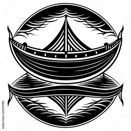Foto A traditional boat floating in mirror-like water with perfect reflection symmetr