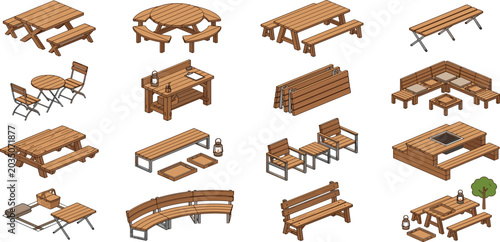 Isometric vector illustration set of wooden picnic tables and camping furniture with barbecue grills