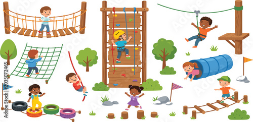 Foto Kids outdoor adventure climbing park vector elements set with happy children pla