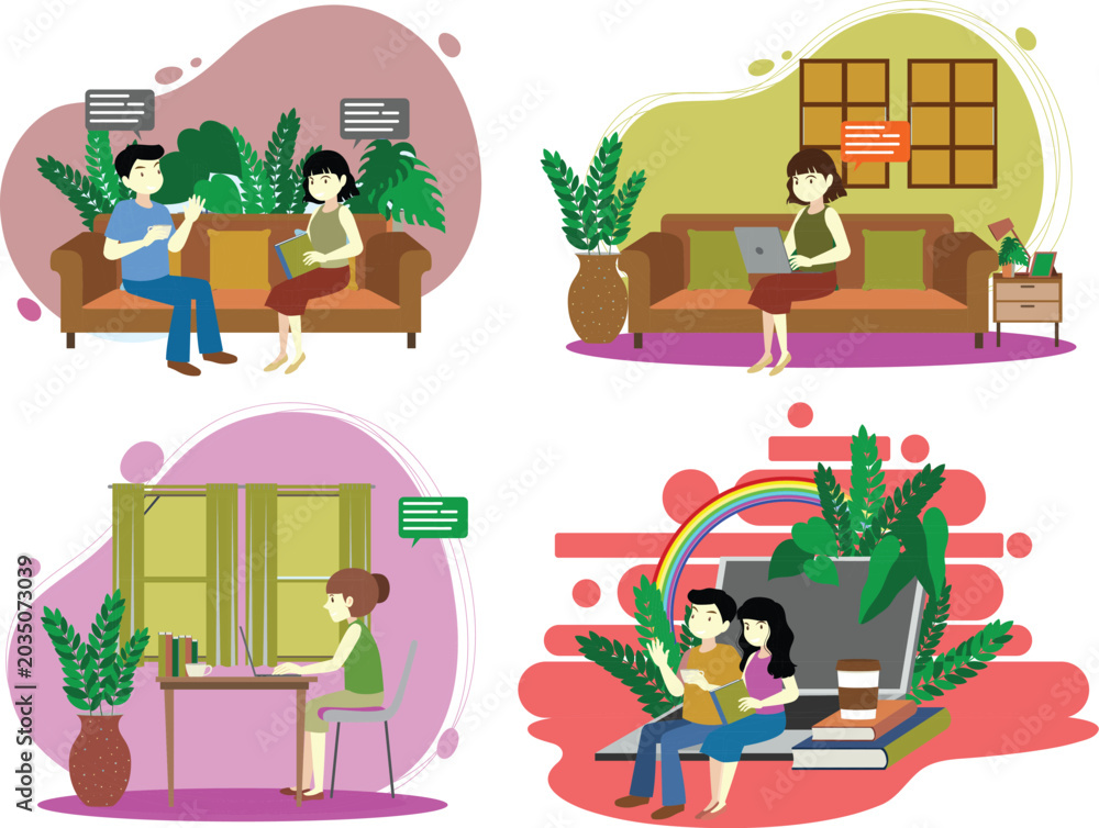 Fototapeta premium Set of different living room interior in flat style, illustration, vector, art design