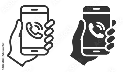 Outline and filled icon of hands holding smartphones with phone symbol.