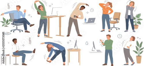 Foto Office ergonomics vector collection with employees doing healthy desk stretching