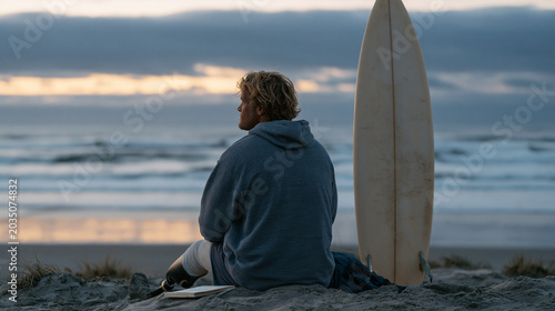 Adaptive surfer sitting on beach beside prosthetic leg before entering water, athlete mental health openness, overcast coastal sky at twilight blue hour, surfboard upright in sand, journaling privat