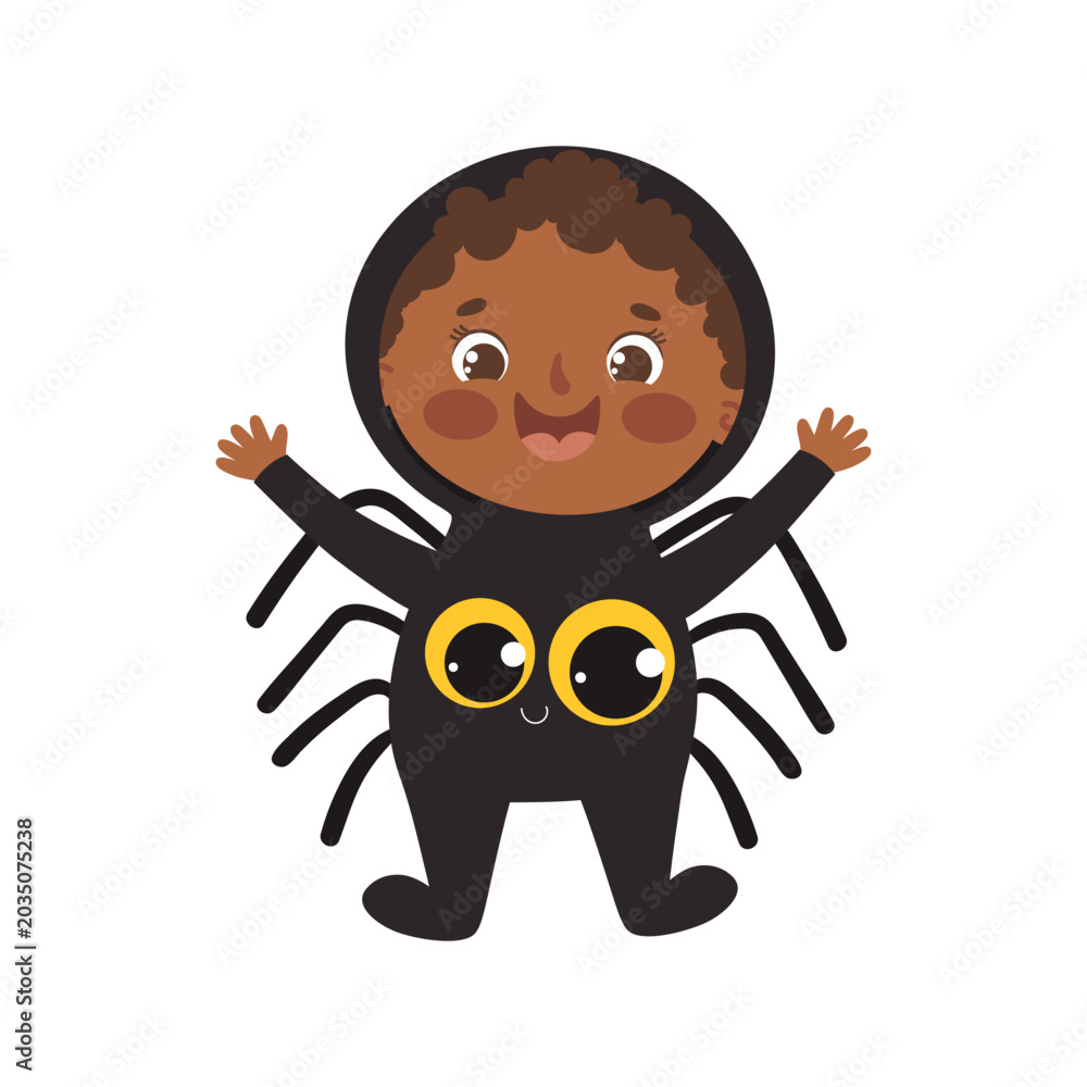Naklejka premium Cute Halloween Baby in Spider Costume. Cartoon Vector Illustration
