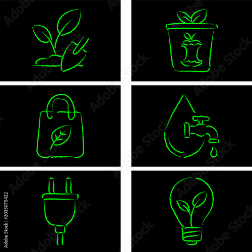 Collection of eco friendly icons in green on black background