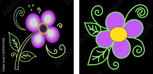 Two purple flowers with green leaves and swirls on a black background