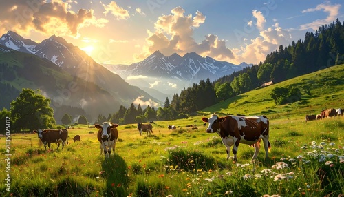 A sun-drenched meadow scene with cows grazing. Mountains rise in the background beneath a colorful sky
