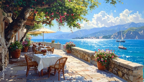 A sun-drenched outdoor cafe with tables and chairs on a stone patio, overlooking a bright blue ocean with distant mountains and boats