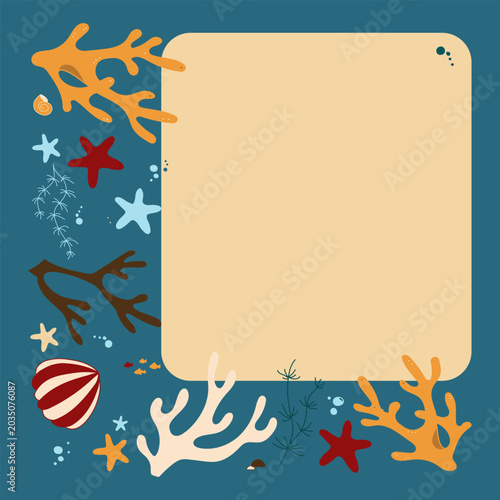 Sea frame. Nautical border. Vector ocean illustration in cartoon style with coral starfish shells on blue color background with empty space
