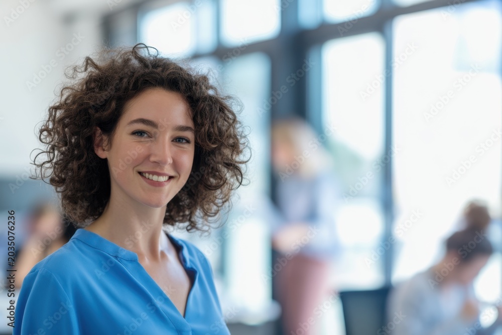 Fototapeta premium The Woman in Blue Shirt Smiling in Bright Modern Office