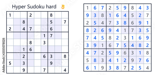 Cuadro en lienzo Hyper Sudoku puzzle grid with numbers in blue on white background