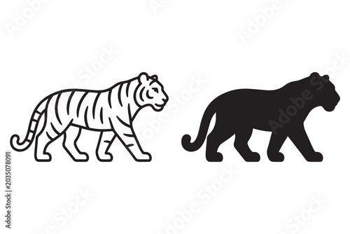Canvas Print Tiger silhouette icon set walking wild animal profile line art isolated graphic design elements black and white minimal simple sticker decal clipart