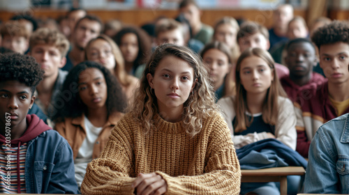 Diverse students sitting silently in classroom before teacher arrives, subtle nervous energy, realistic candid expressions, documentary photography style