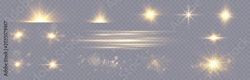 Golden Glitter Bokeh Lights and Sparkles with Shining Star Sun Particles and Lens Flare Effect on Transparent Background