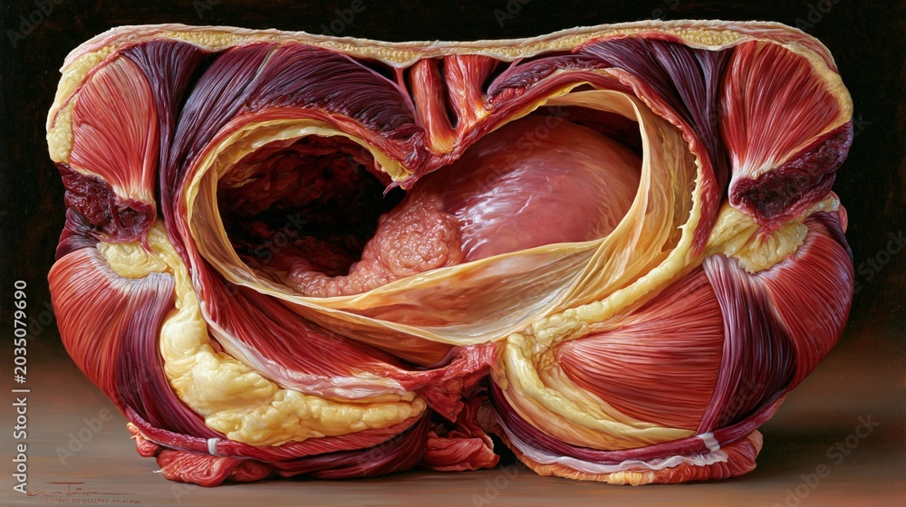 Obraz premium Stunning scientific oil painting illustration of a full abdominal wall cross-section revealing hiatal hernia, painted in the style of hyperrealist scientific art