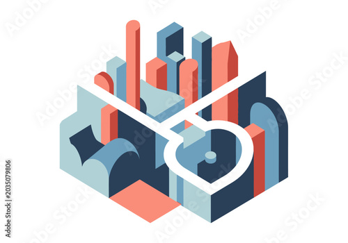 Isometric cityscape with abstract shapes and lines.